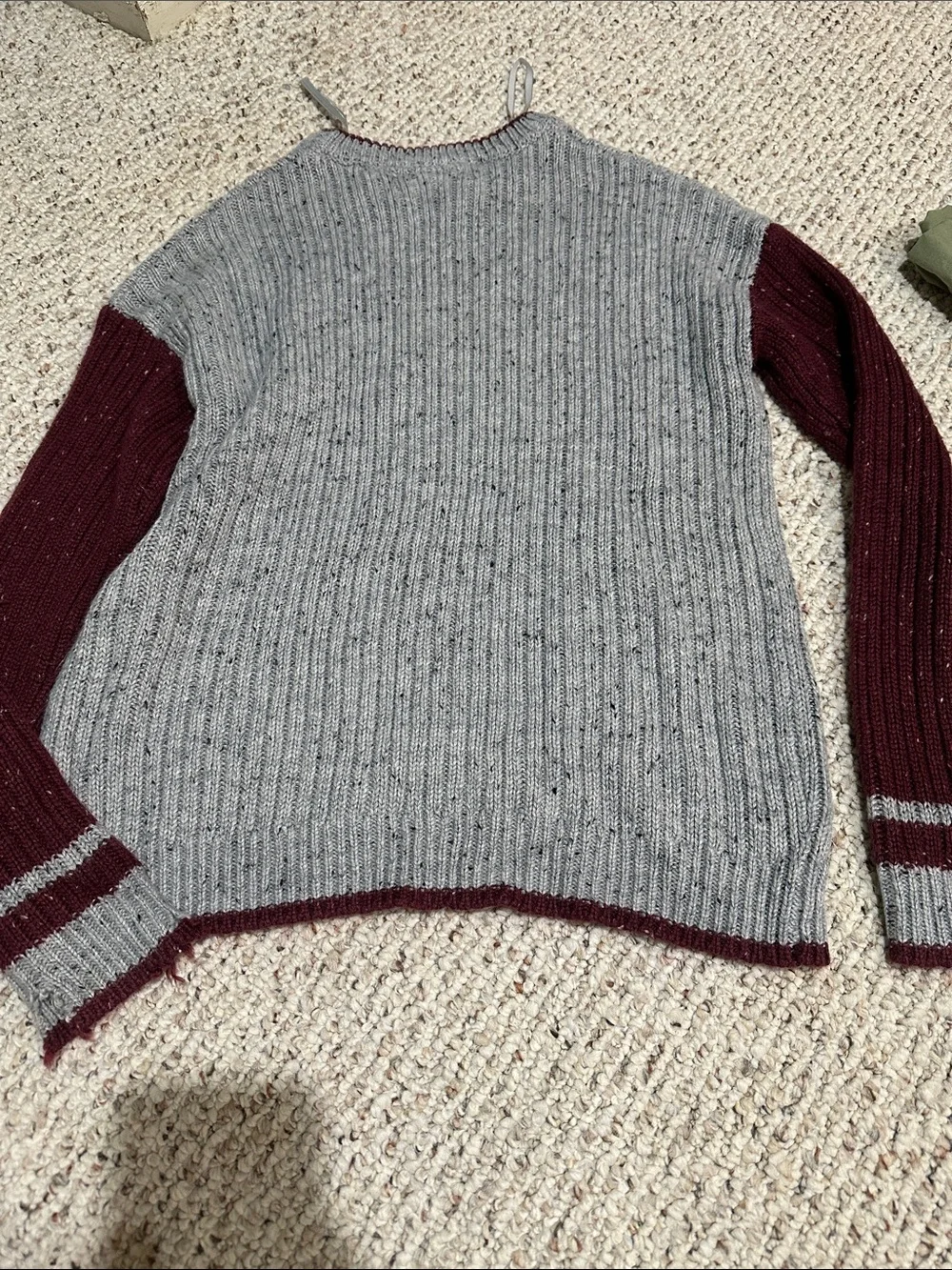 Warner Bros. Grey Knit Crewneck with Burgundy Sleeves